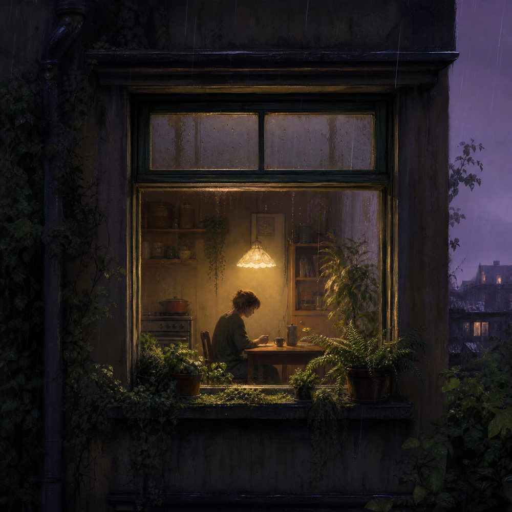 A single lit kitchen window seen from a rainy lane at dusk, one figure at a table inside