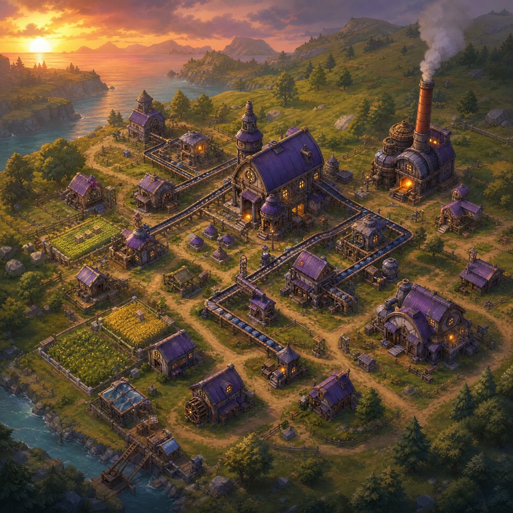 Overhead view of a small settlement of green fields and violet-roofed workshops linked by conveyor lines