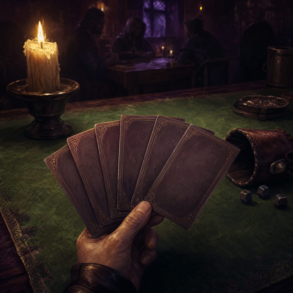 A hand of blank ornate cards fanned out on a green tavern table beside a candle and a leather dice cup
